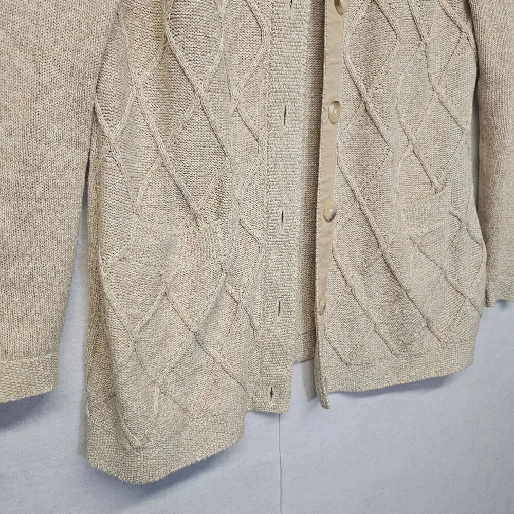 L.L. Bean Button Front Cardigan Sweater Size Medium Oatmeal Beige Cotton